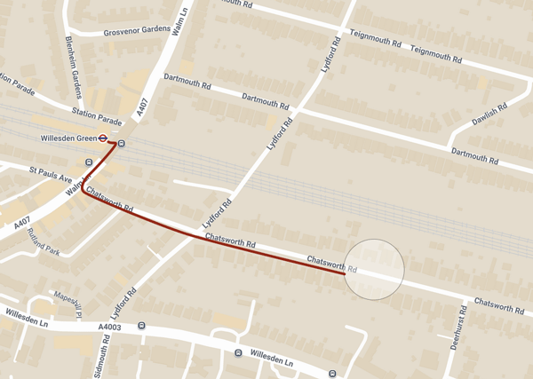 Map showing the quick walk from Willesden Green tube station to Rosy's house on Chatsworth road.